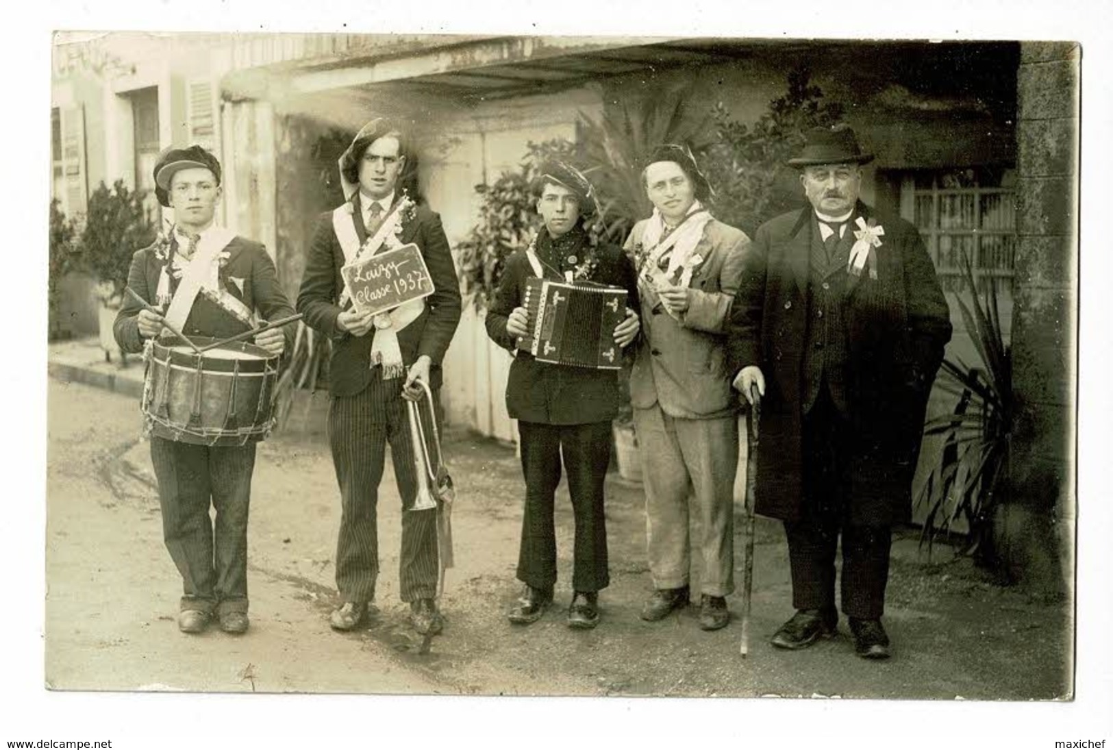 Carte Photo - Laizy - Groupe De Conscrits, Classe 1937 ( Tambour, Clairon, Accordéon) Pas Circ, Photographie Chandioux - Other & Unclassified
