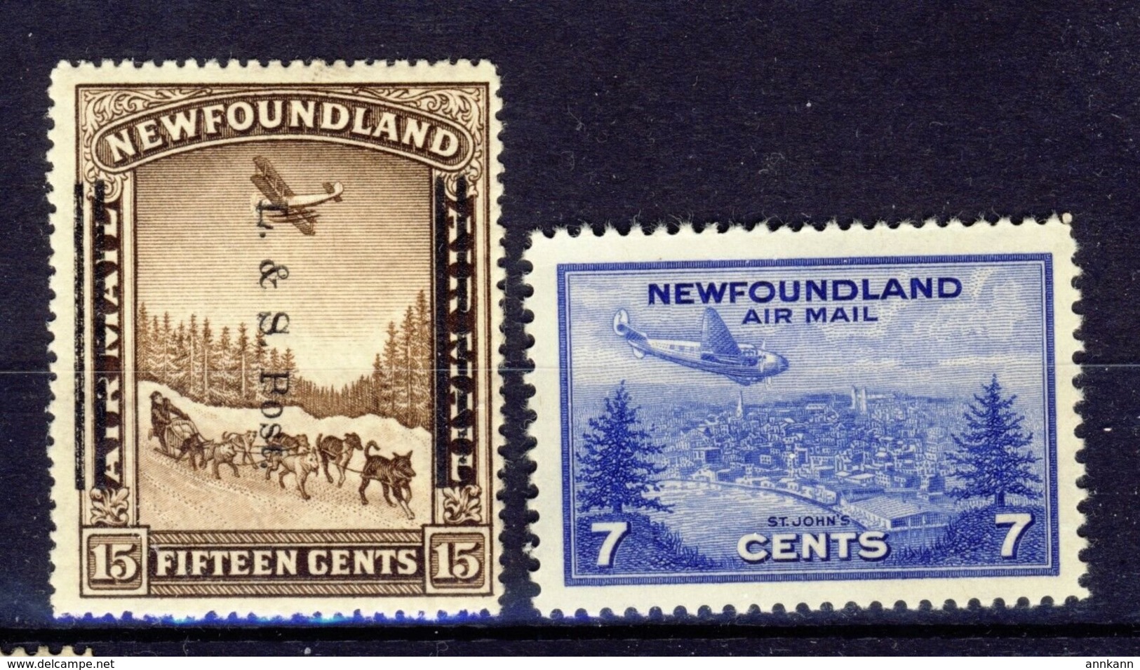 2x Newfoundland MH Airmail Stamps #211 Land & Sea Shifted O.P. & C19-7c CV=$60. - Fin De Catalogue (Back Of Book)