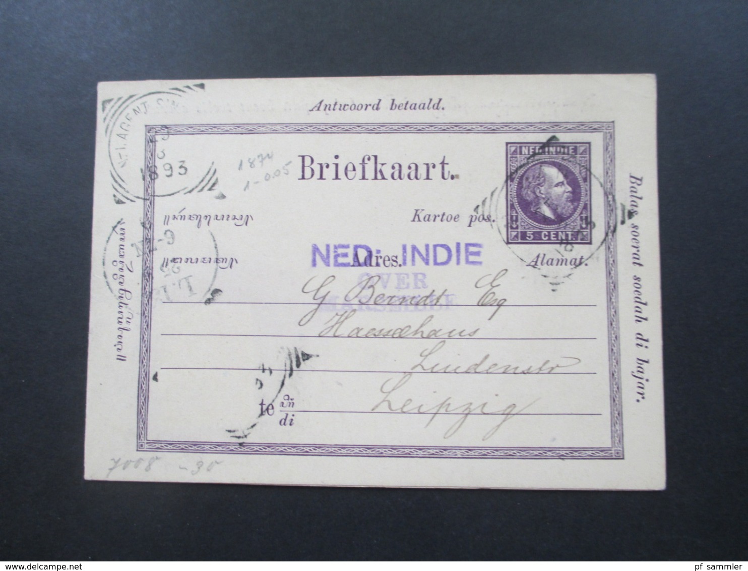 Violetter Stempel Ned: Indie Over Marseille 1893 Frage / Antwort Doppelkarte Nach Leipzig - Netherlands Indies