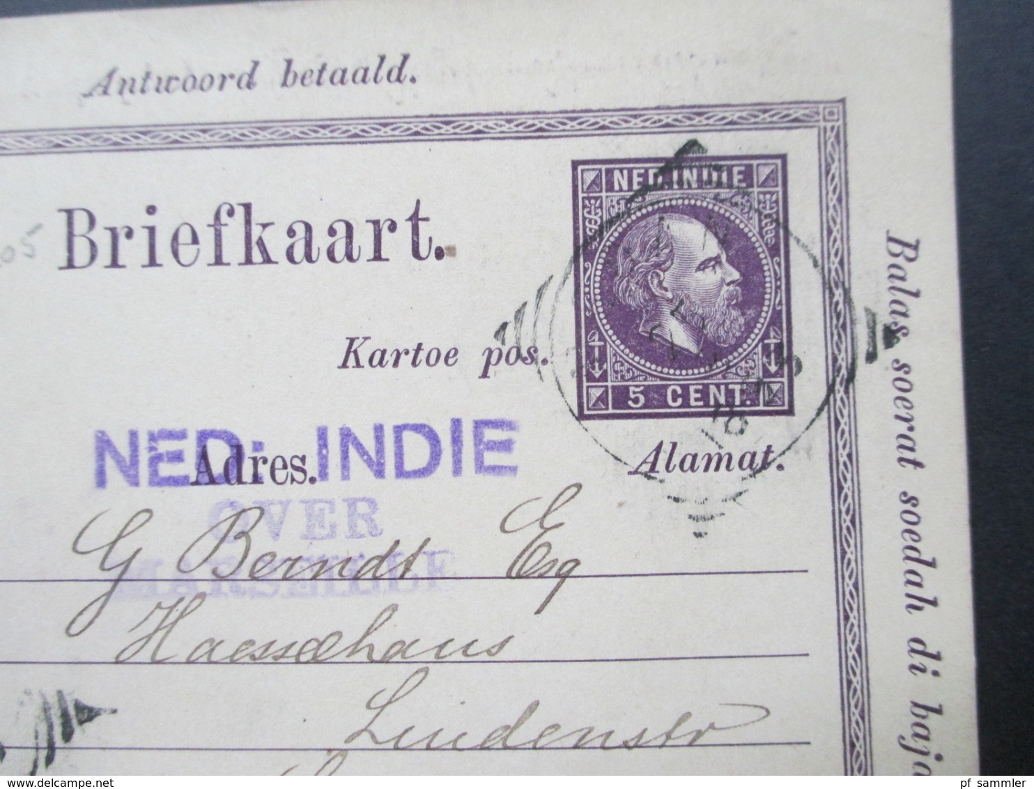 Violetter Stempel Ned: Indie Over Marseille 1893 Frage / Antwort Doppelkarte Nach Leipzig - Indes Néerlandaises