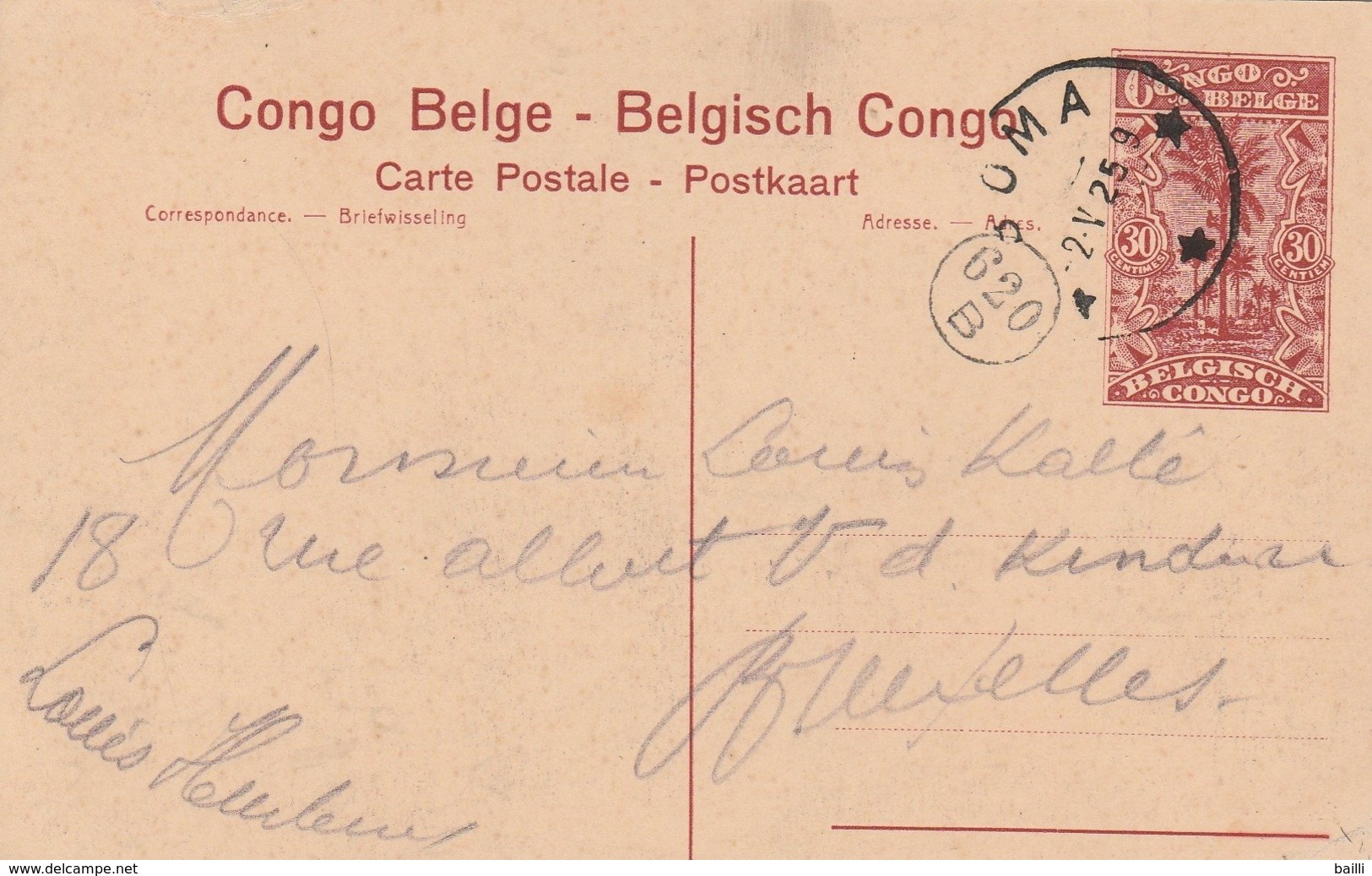 Congo Belge Entier Postal Illustré Pour La Belgique 1925 - Interi Postali