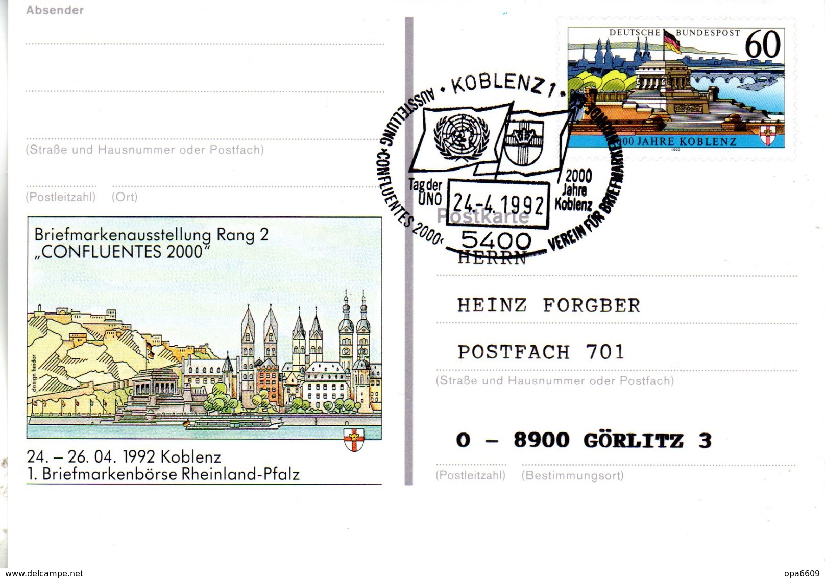 BRD Amtl. GZS-Sonderpostkarte PSo 26 "1.BM-Börse Rheiland-Pfalz Koblenz" WSt "2000 Jahre Koblenz" SSt 24.4.92 KOBLENZ 1 - Postkarten - Gebraucht