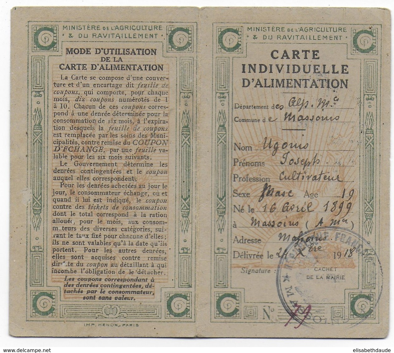 1918 - CARTE INDIVIDUELLE D'ALIMENTATION De MASSOUINS (ALPES MARITIMES) - Guerre De 1914-18