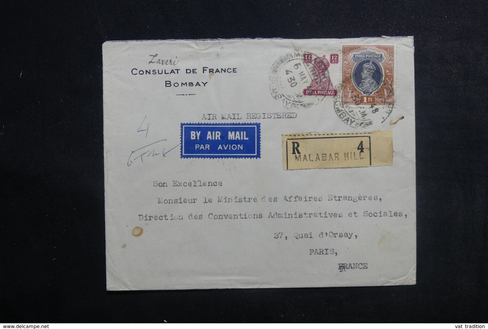 INDE - Enveloppe Du Consulat De France Pour Le Ministère Des Affaires Etrangères à Paris En 1948 - L 41576 - Covers & Documents