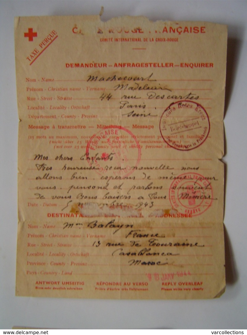 LETTRE CROIX ROUGE MAROC - ALLEMAGNE Avec Cachets Rouges 1943 - 1944 - Collections