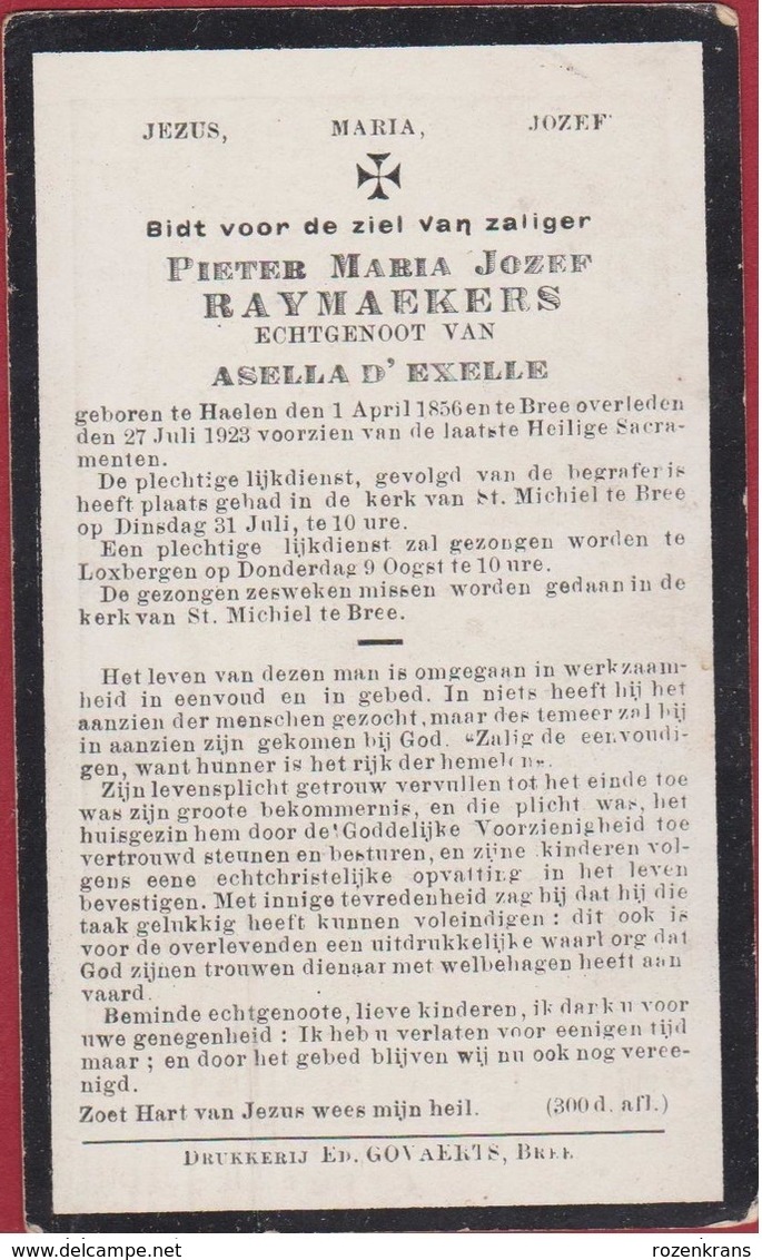 Pieter Raymaekers Asella D' Exelle Haelen Haelen Bree Loxbergen 1923 Doodsprentje Bidprentje Image Mortuaire - Images Religieuses