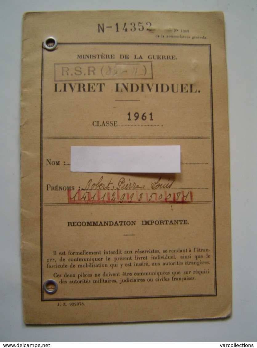 LIVRET MILITAIRE Ancien : MINISTERE DE LA GUERRE 1961 - Documents