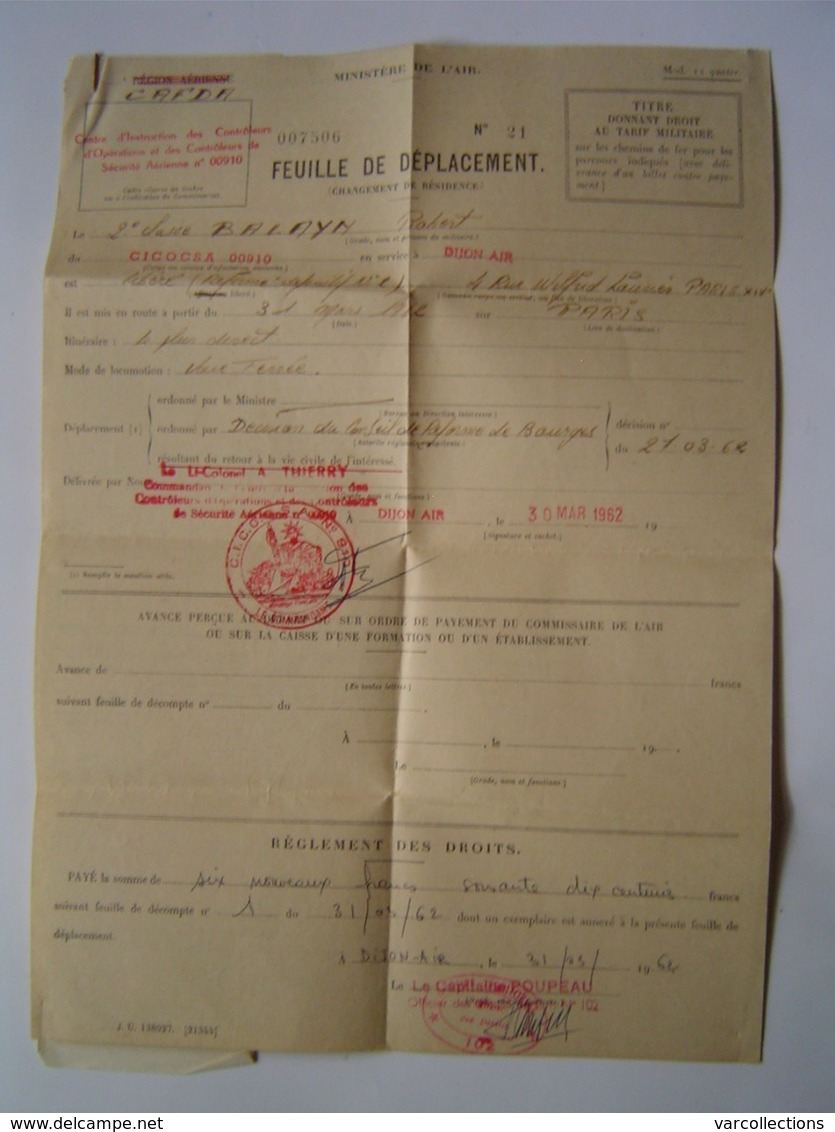 DOCUMENT Ancien : FEUILLE DE DEPLACEMENT / CICOCSA 00910 - DIJON AIR 1962 - Documenten