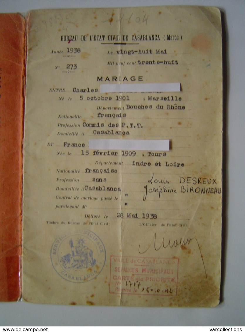 DOCUMENT Ancien : LIVRET FAMILLE / MAROC 1938 - Collections