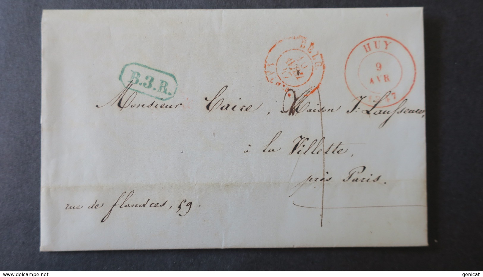 Belgique Lettre De Huy 1847 Pour Paris Taxe 7 Cachet Encadré Vert "B.3.R" Entrée Valenciennes En Rouge - 1830-1849 (Independent Belgium)