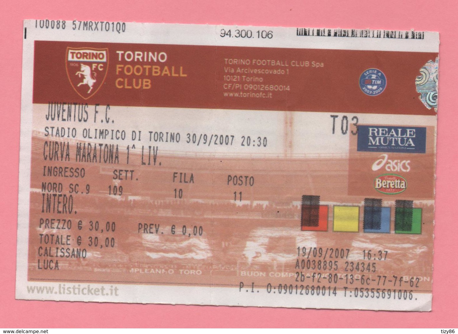 Biglietto D'ingresso Stadio Torino Juventus 2007 - Toegangskaarten