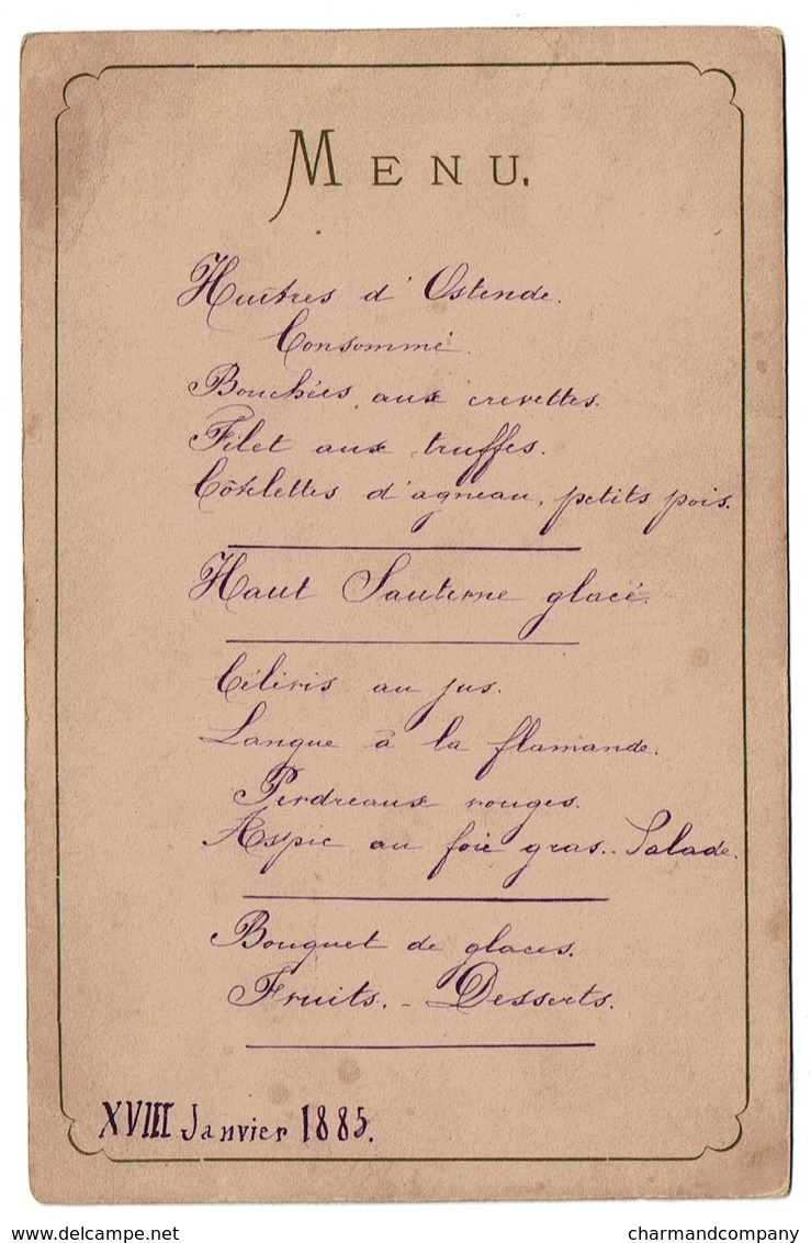 Carte Dinatoire - Menu - Janvier 1885 - A M. Le Sous-Lieutenant Van Bredael - Postée Du Danemark - 2 Scans - Autres & Non Classés