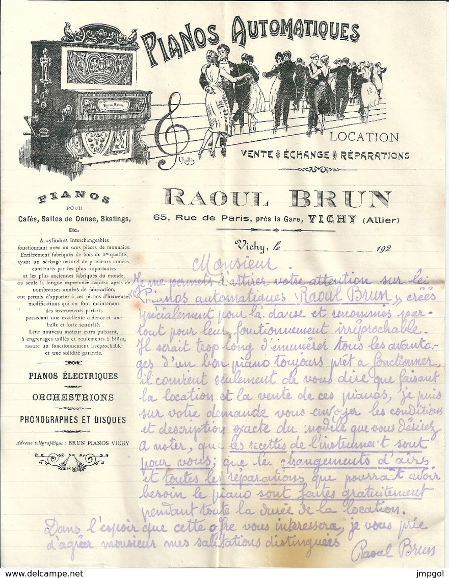 Lettre  Publicitaire 1920 Raoul BRUN Vichy Pianos Automatiques Pianos Electriques Orchestrions Phonographes Et Disques - 1900 – 1949