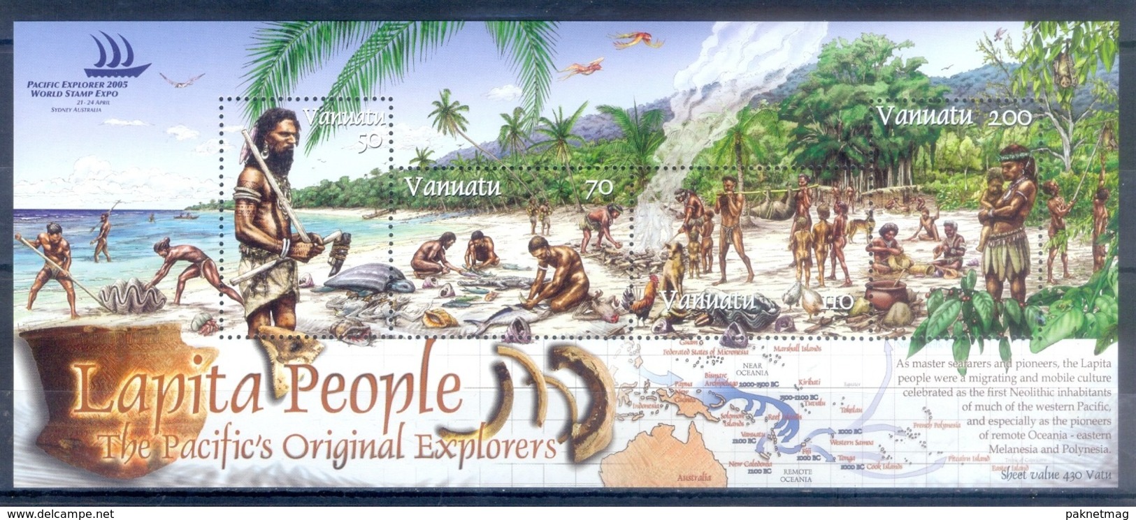 J124- Vanuatu 2005 Pacific Explorer. Birds. Lapita People. Rooster. Fauna. World Stamp Expo. - Vanuatu (1980-...)