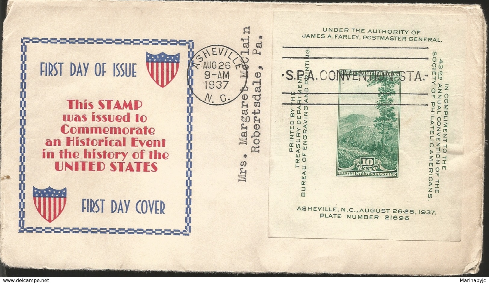 J) 1937 UNITED STATES, THIS STAMP WAS ISSUED TO COMMEMORATE AN HISTORICAL EVENT IN THE HISTORY OF THE UNITED STATES, FDC - Covers & Documents