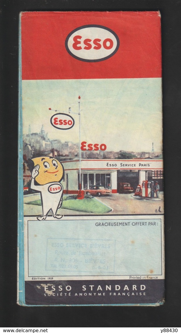 Carte de PARIS & ENVIRONS - Année 1959 - ESSO  service à BIEVRES  78 . RN 306 - pliures en accordéon - voir 12 photos