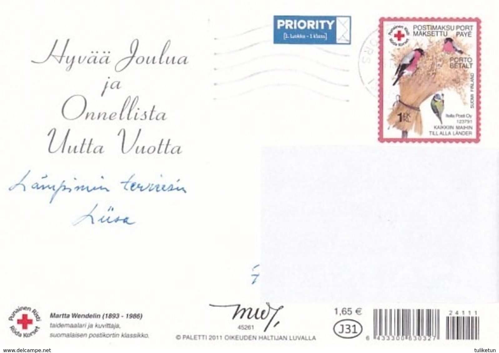 Postal Stationery - Birds - Bullfinches - Angel Holding A Flower - Red Cross 2011 - Suomi Finland - Postage Paid - Entiers Postaux