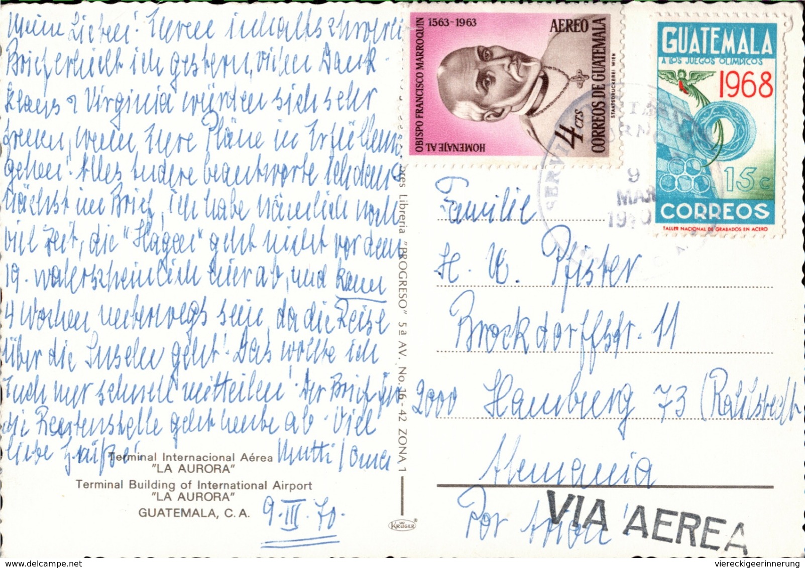 !  1970 Ansichtskarte Guatemala, International Airport, Flughafen, Briefmarke Olympiade 1968 - Aerodrome