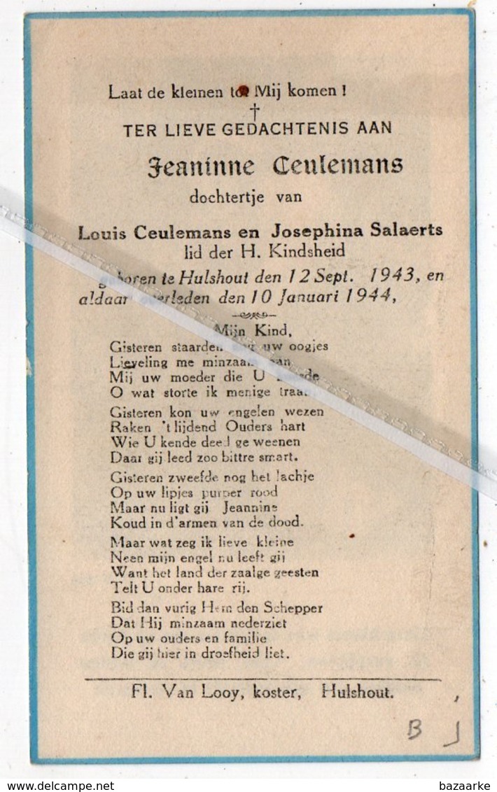 JEANINNE CEULEMANS ° HULSHOUT 1943 + 1944 DOCHTERJE VAN LOUIS EN JOSEPHINA SALAERTS - Imágenes Religiosas