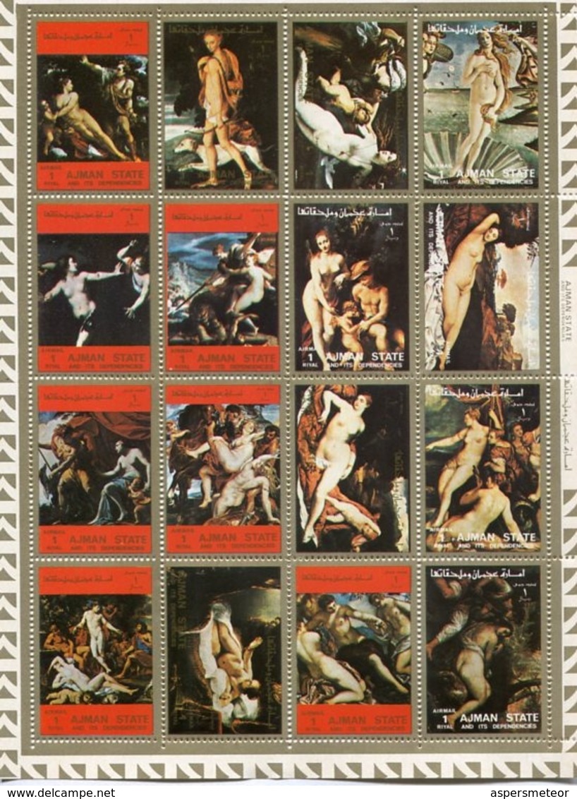 AJMAN - PEINTURES DE RENAISSANCE, NUDES. MICHEL 2555 A / 2570 A, AIRMAIL MNH FEUILLET COMPLETE SERIE BLOCK - LILHU - Desnudos