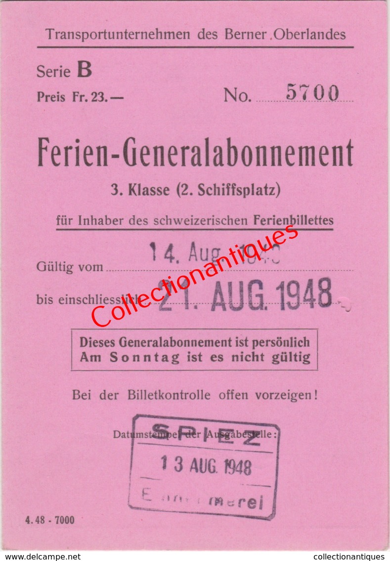 Abonnement Général De 3ème Classe Transports Bernois - Suisse Du 14 Août Au 21 Août 1948 En Allemand - Europe