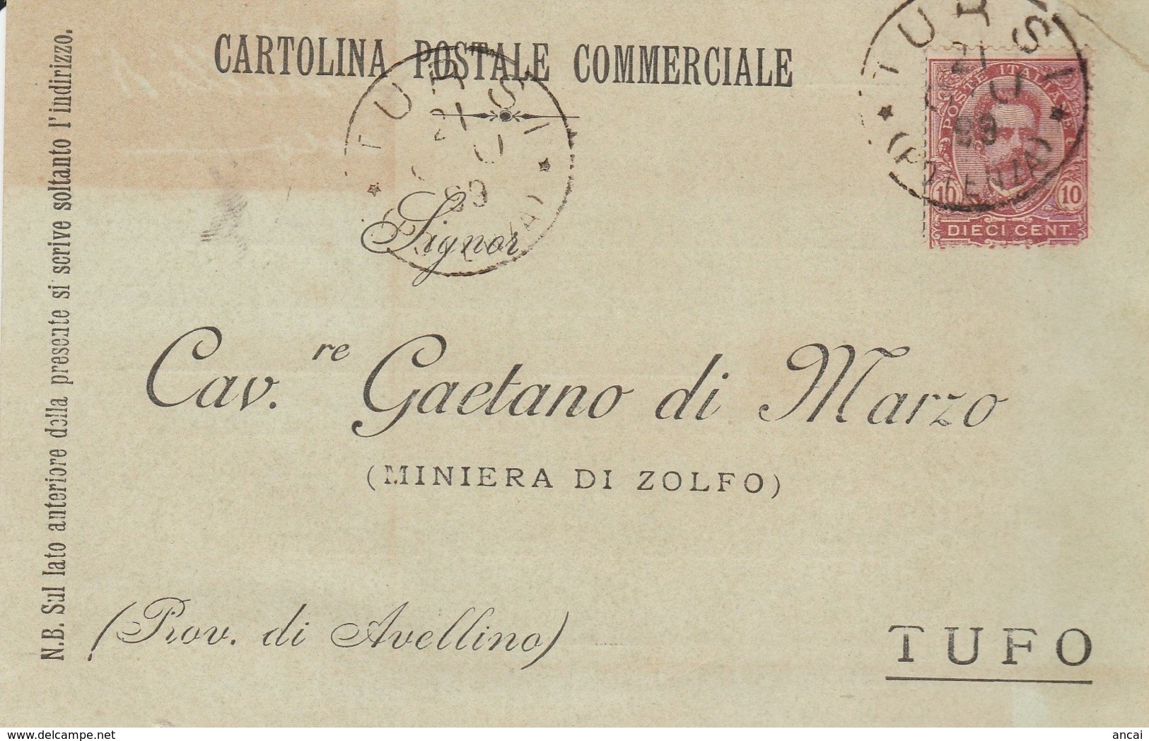 Tursi. 1899. Annullo Grande Cerchio TURSI (POTENZA), Su Cartolina Postale Commerciale - Storia Postale