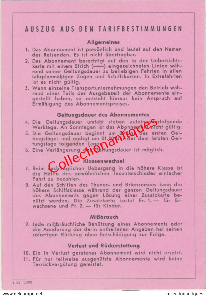 Abonnement Général De Vacances 2ème Classe Transports Bernois - Suisse Du 6 Août Au 13 Août 1958 En Allemand - Europe