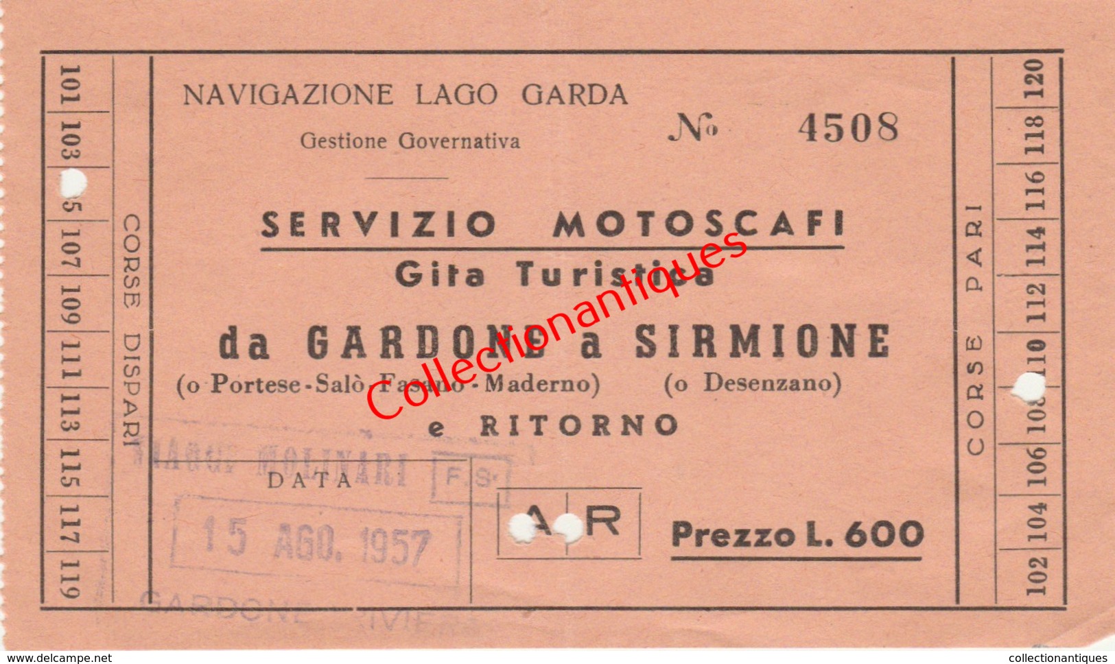 Ticket D'embarquement - Navigation Du Lac De Garde - Bateau Taxi De Gardone à Sirmione - 15 Août 1957 - Europa