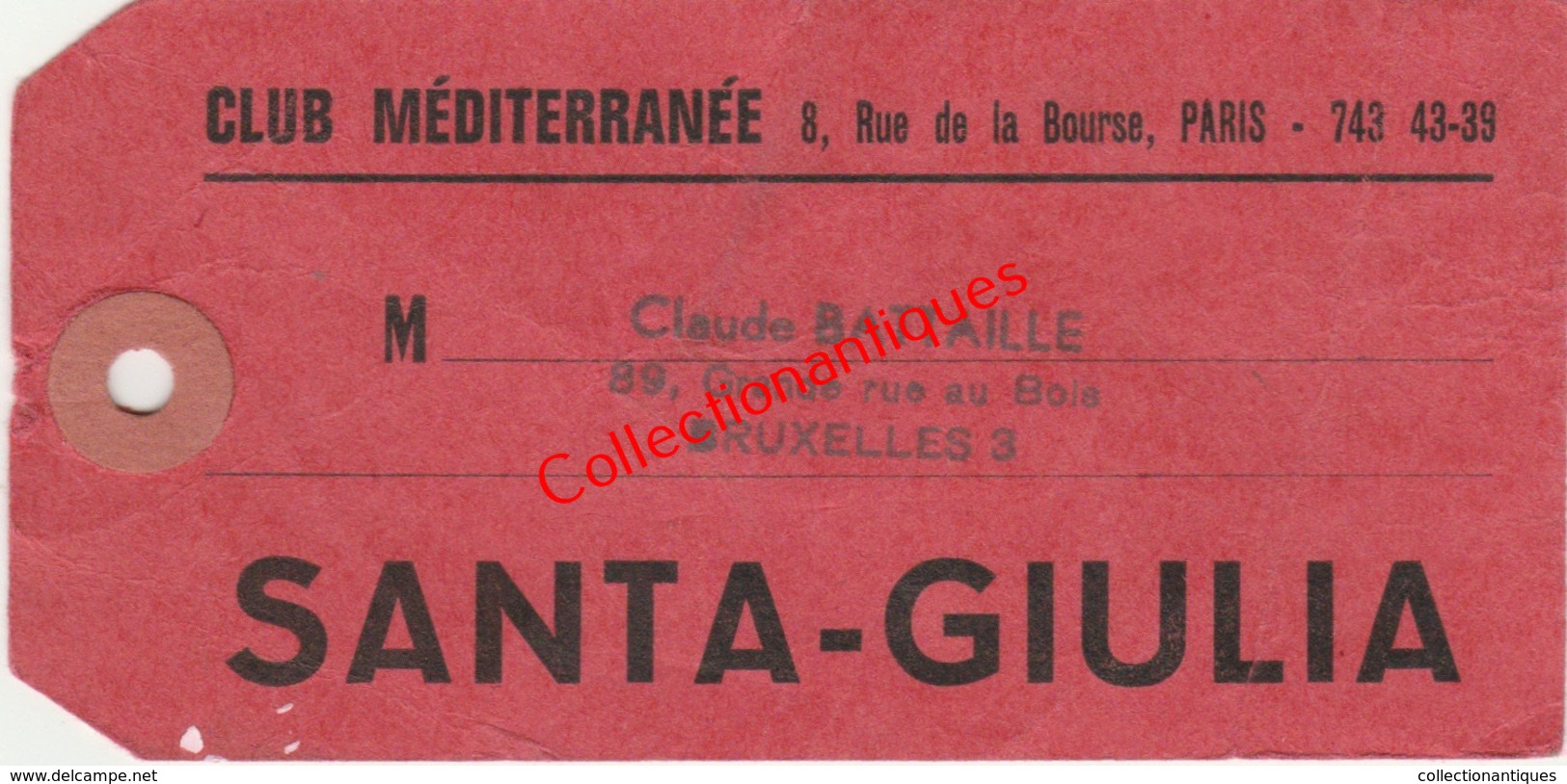 Etiquette à Bagages Club Méditerranée Années 60 Santa-Giulia De Claude Bataille - Baggage Labels & Tags