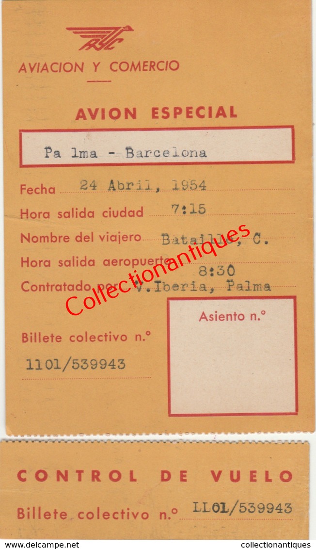 Carte D'embarquement Aviacion Y Comercio Palma-Barcelona 24 Avril 1954 - Carte D'imbarco