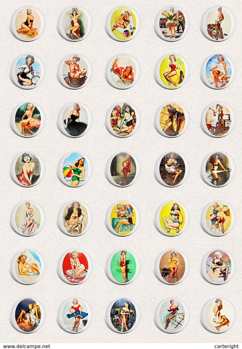 Pin Up Girl BADGE BUTTON PIN SET 14 (1inch/25mm Diameter) 35 DIFF - Pin-ups