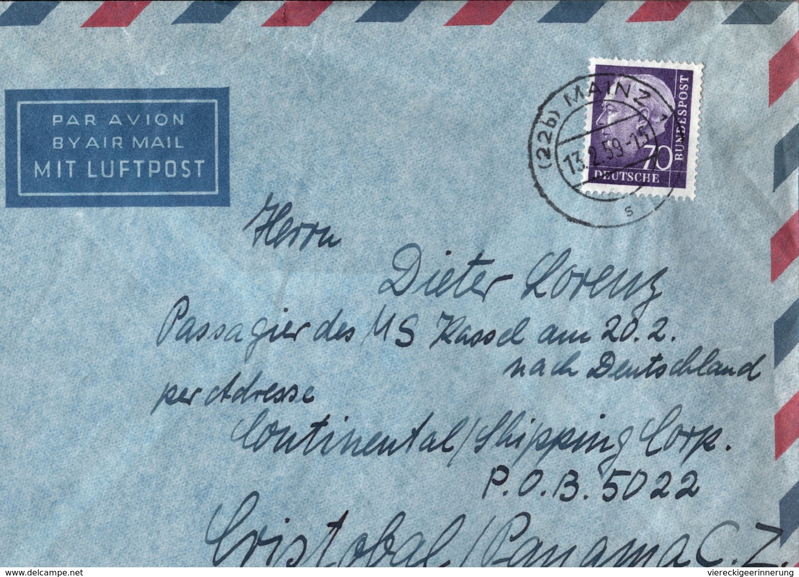 !  Heuss 1959 Mainz, Luftpostbrief Nach Panama, MS Kassel, Seltene Destination - Storia Postale