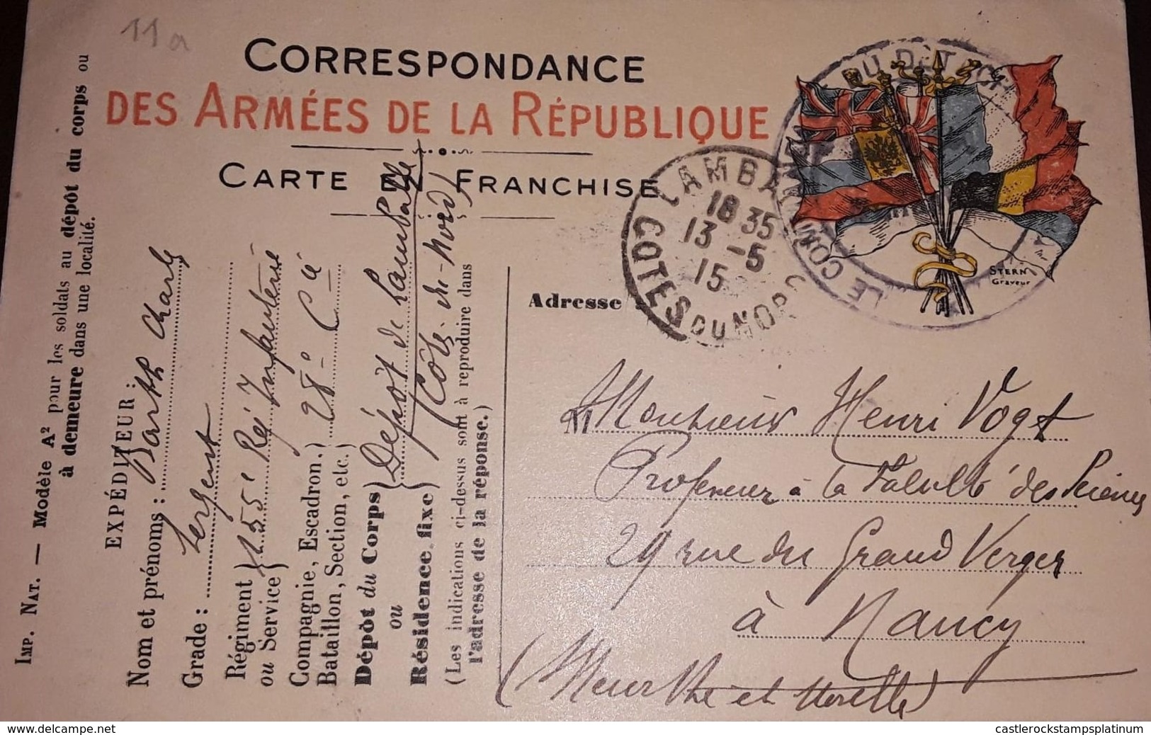 O) 1915 FRANCE, CORRESPONDENCE OF THE ARMIES OF THE REPUBLIC - NATIONAL TAX FOR SOLDIERS - COAT OF ARMS - Other & Unclassified