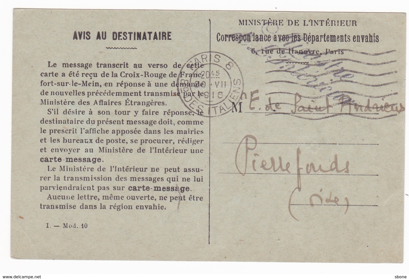 Carte En Franchise Militaire - Correspondance Avec Les Départements Envahis - Mod 10 - Lettres & Documents