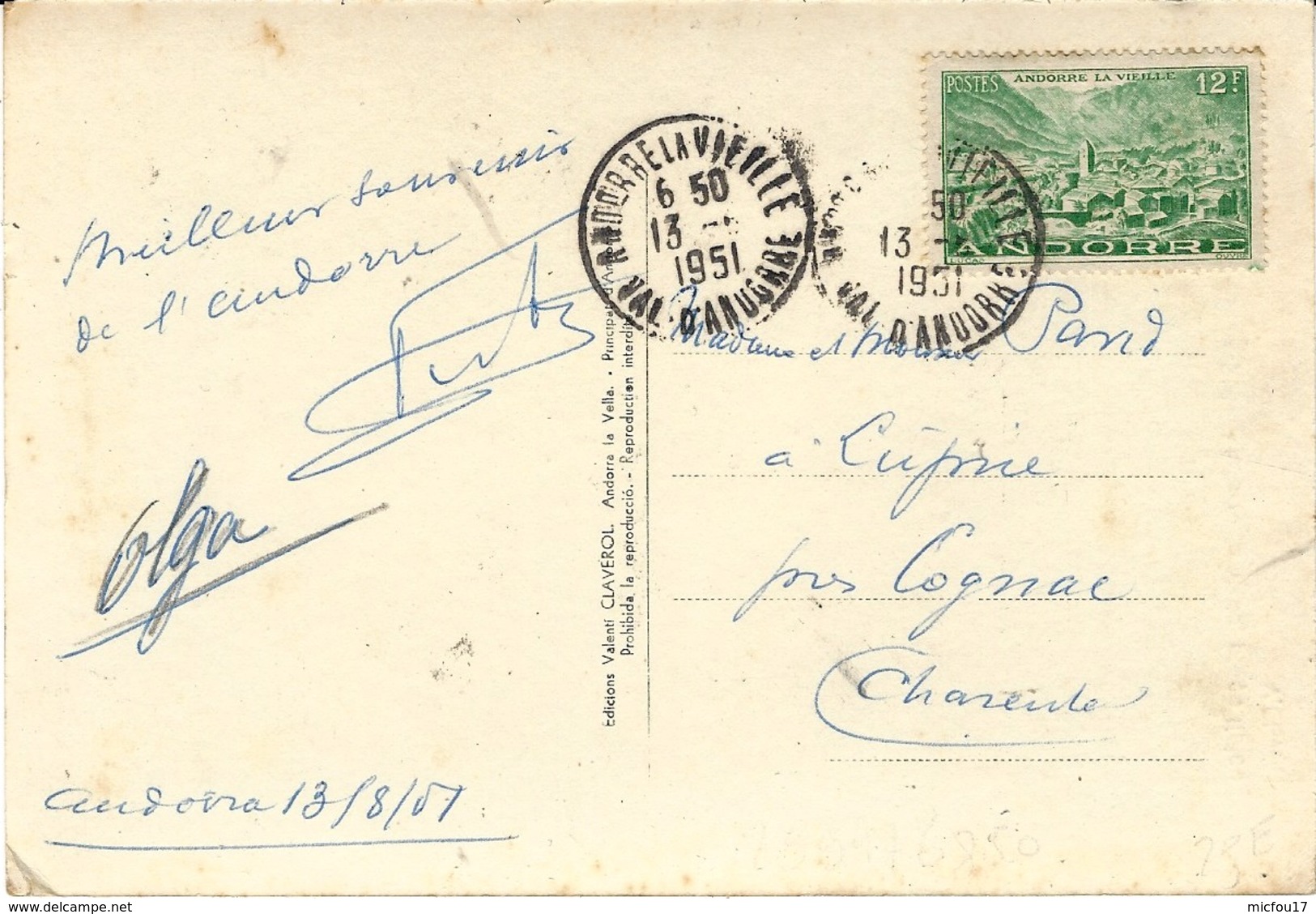 1951- C P Valls D'Andorra- Andorra La Vieja, Plaça Tipica De V. Claverol Affr.  12 F. - Storia Postale