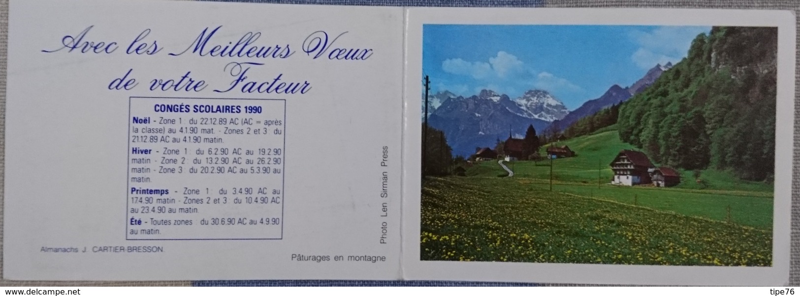 Petit Calendrier De Poche 1990 Cartier Bresson PTT La  Poste Meilleurs Voeux Facteur - Montagne - Petit Format : 1981-90