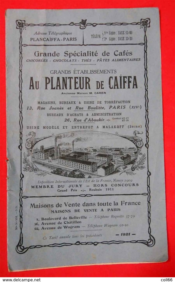 1921 Rare Brochure Publicité Au Planteur De Caïffa  Café Tarifs & Produits 13.5 X 22 Cms 8 Pages Catalogue Bleu - Publicités