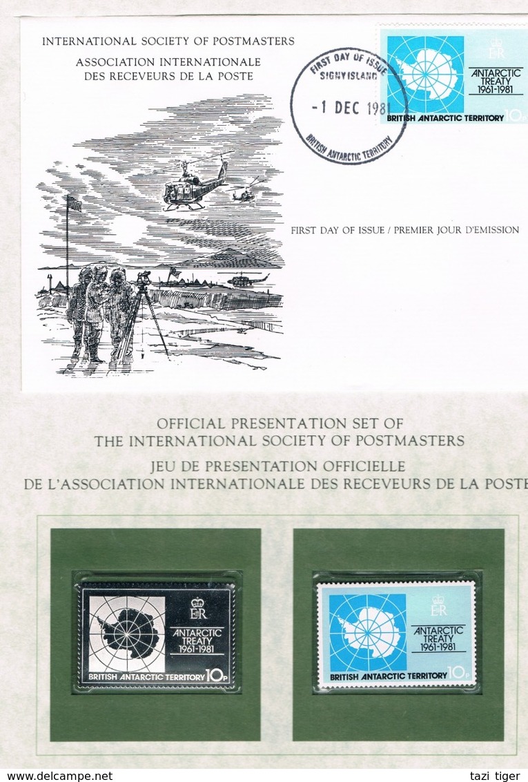 BRITISH ANTARCTIC TERRITORY • 1981 • ANTARCTIC TREATY • Unhinged Stamp, Silver Replica Stamp + First Day Cover - Gebruikt