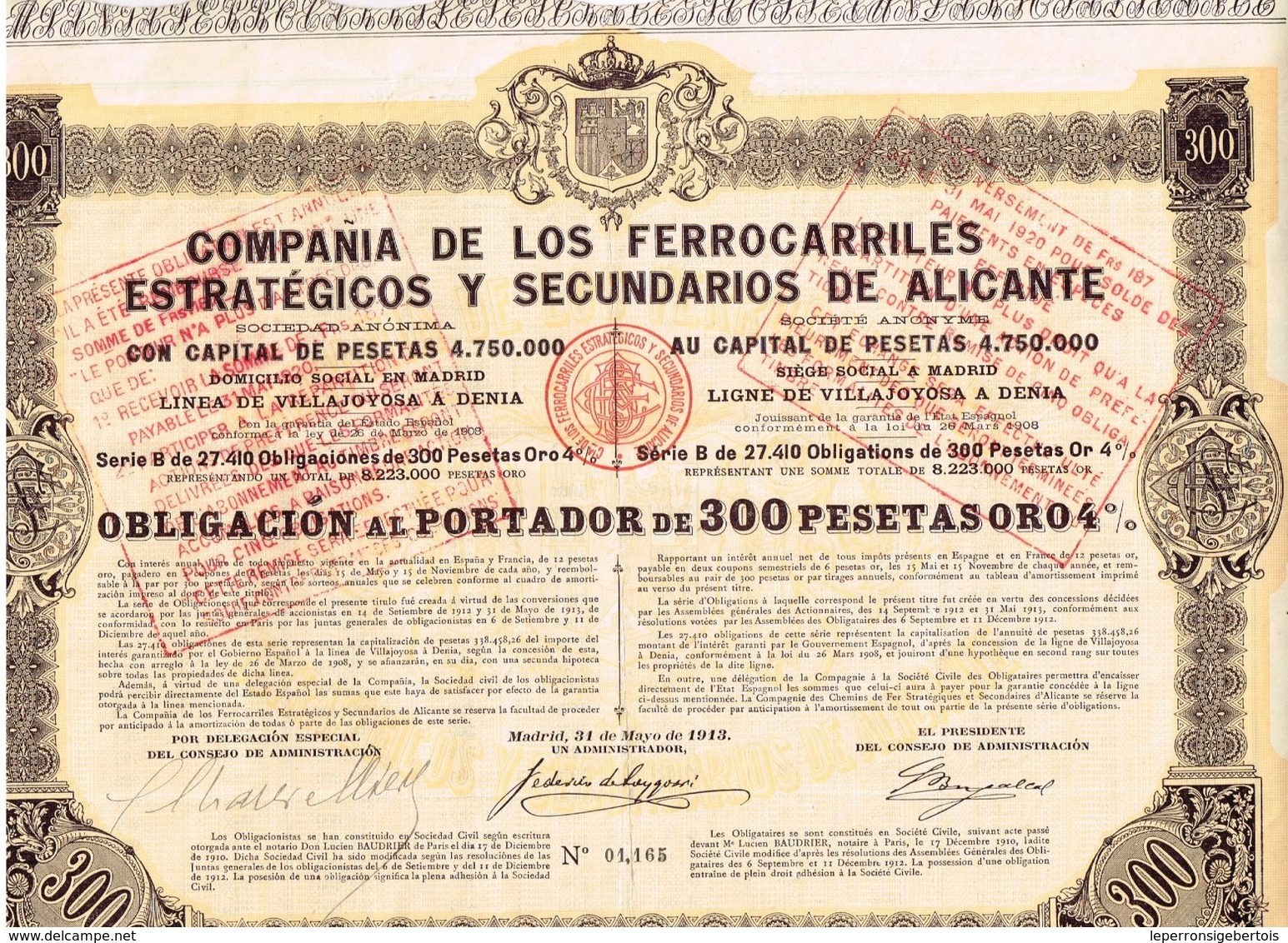 Titre Ancien - Compañia De Los Ferrocarriles Estratégicos Y Secundarios De Alicante - Titre De 1913 Obligcion - Railway & Tramway