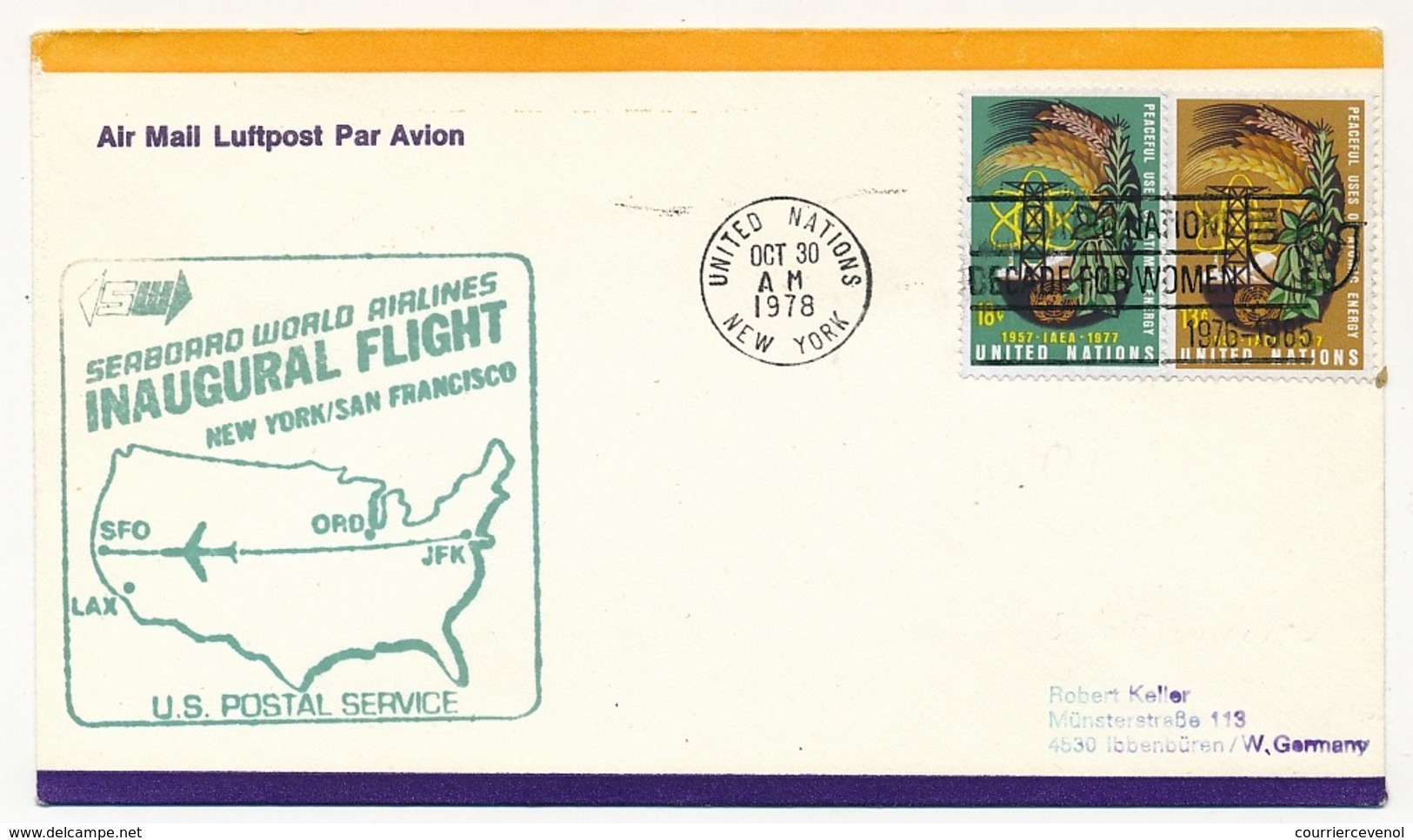 ETATS UNIS - SERBORRO WORLD AIRLINES - Vol Inaugural New Yorl => San Francisco - US Postal Service - 30 Oct 1978 - 3c. 1961-... Brieven