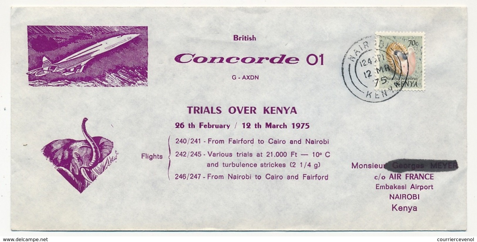 KENYA - Enveloppe Commémorative CONCORDE - Trials Over Kenya - 1975 - Concorde