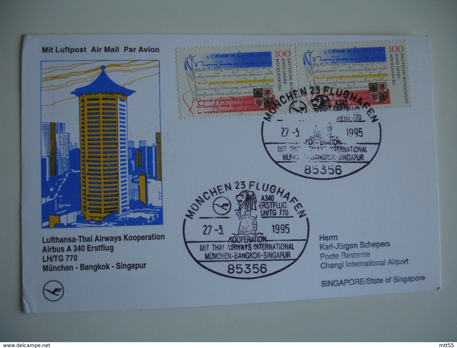 Lot 4 Lettre 1 Ere Liaison 1 Er Vol  Bogota Caracas Baku Bangkok Singapour - Aviones