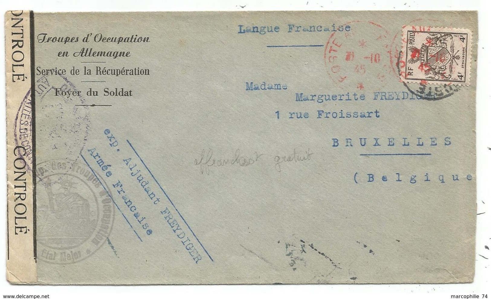 BLASON 4FR STRASBOURG LETTRE POSTE AUX ARMEES EN ROUGE 31.10.1945 + ENTETE + CENSURE GB1 RARE - Seepost