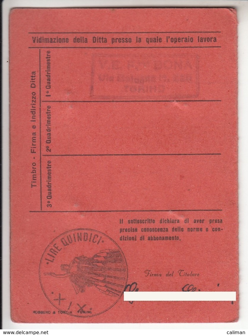 TRAM TRAMWAYS BUS TRANVIE INTERCOMUNALI TORINO - TESSERA BIGLIETTO TICKET SETTIMANALE 1949 - Europa