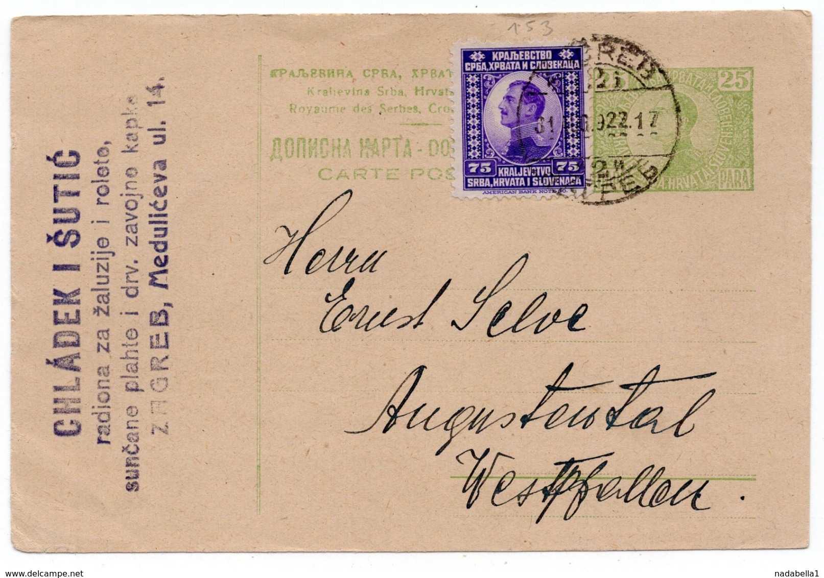 1922 YUGOSLAVIA, CROATIA, ZAGREB TO AUGUSTENTHAL, GERMANY, CHLADEK I SUTIC, STATIONERY CARD, USED - Postwaardestukken