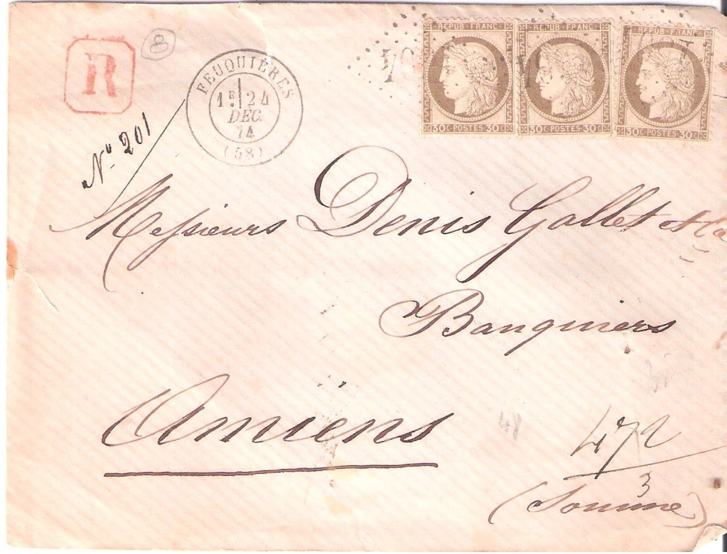 Oise :- FEUQUIERES G.C.1504 Dateur Type 17 Sur Devant Lettre Recommandée - 1849-1876: Periodo Classico