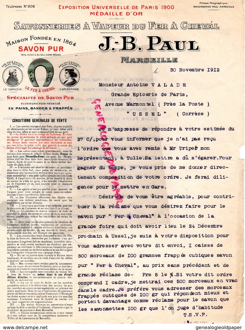 13- MARSEILLE - RARE LETTRE SIGNEE J.B. PAUL -SAVON SAVONNERIES A VAPEUR DU FER A CHEVAL-LE CAPUCIN-L' ARLESIENNE-1912 - Perfumería & Droguería