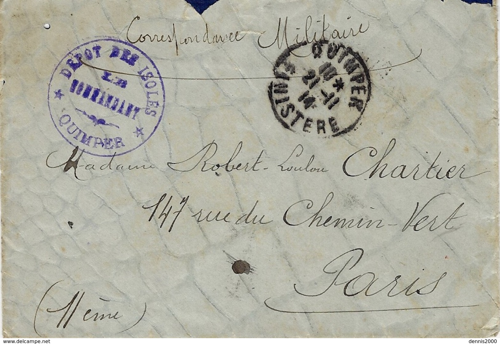 1914- WWI - Enveloppe De Quimper ( Finistère ) En F M " Dépôt Des Isolés / Quimper  " - WW I