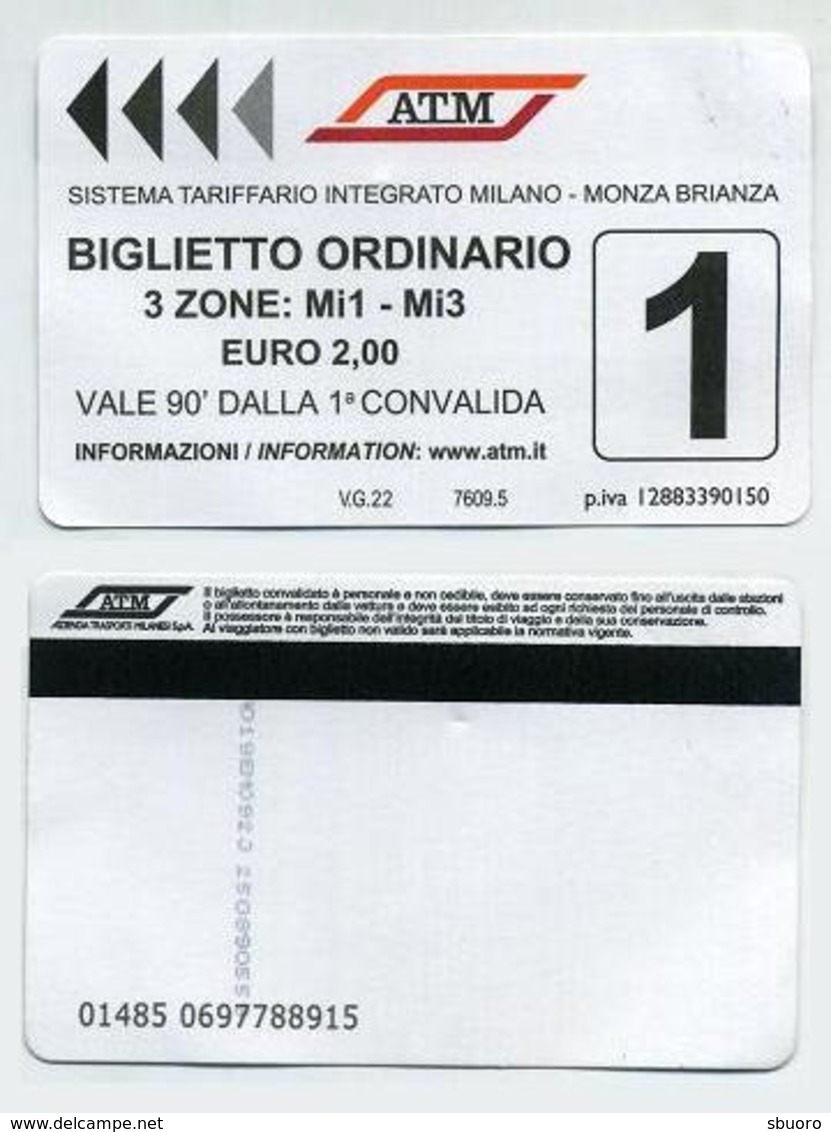Bus Ticket. 2019. Milano Milan Italia Italie. Biglietto Ordinario ATM 3 Zones. Validity 90 Minutes - Europe