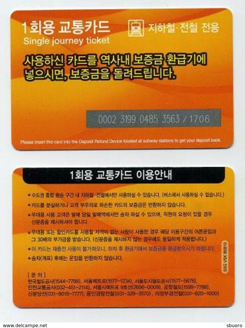 Metro Subway Underground - Single Journey Ticket. Seoul, South Korea Corée Du Sud. Format Carte De Crédit Plastique - Mondo